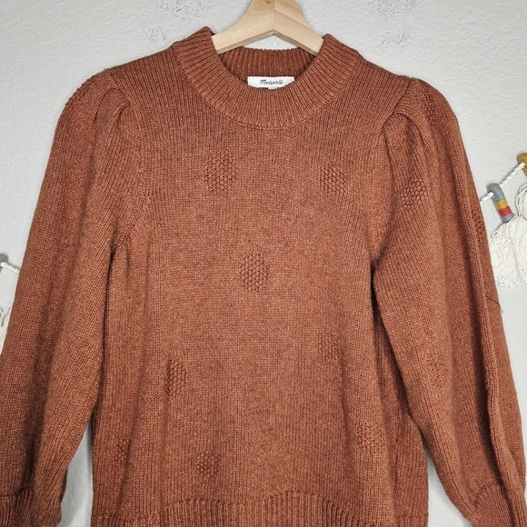 Madewell Dotted Eaton Puff Sleeve Cotton Merino Wool Yarn Sweater Redwood Boho S - Picture 5 of 11